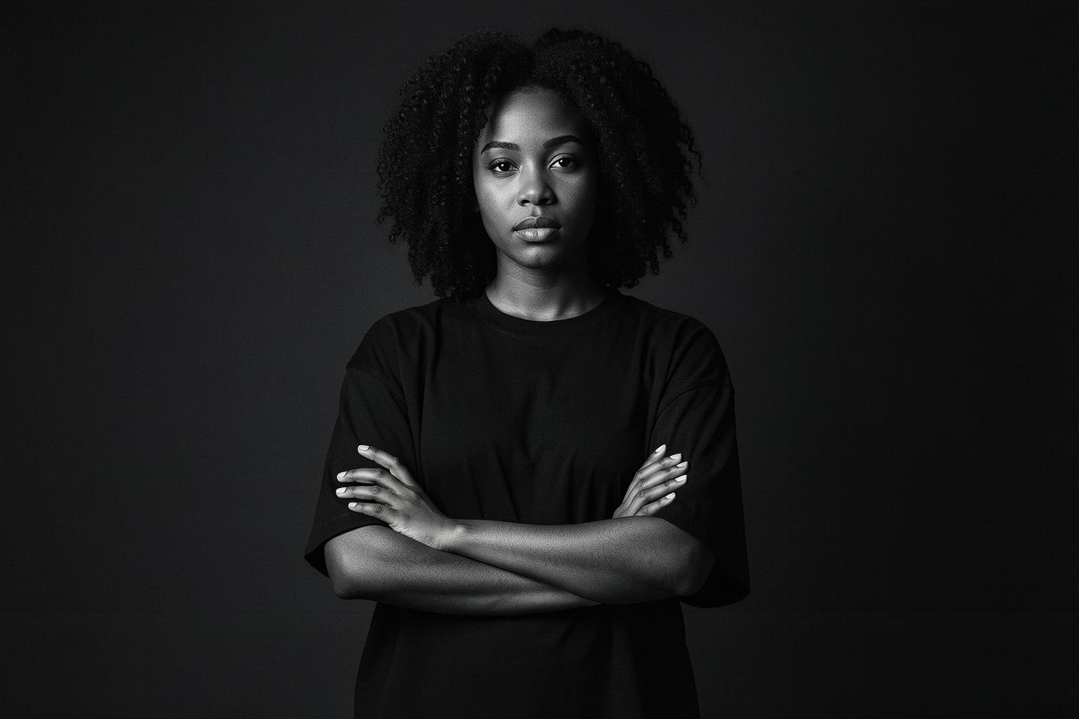 A woman in an oversized black crew-neck tee from Chappelle’s