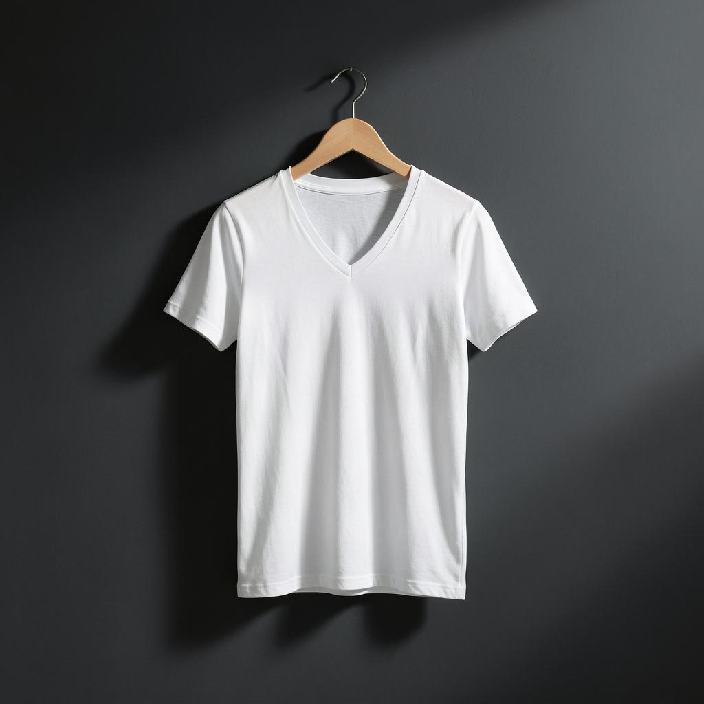 A crisp white v-neck tee on a wooden hanger